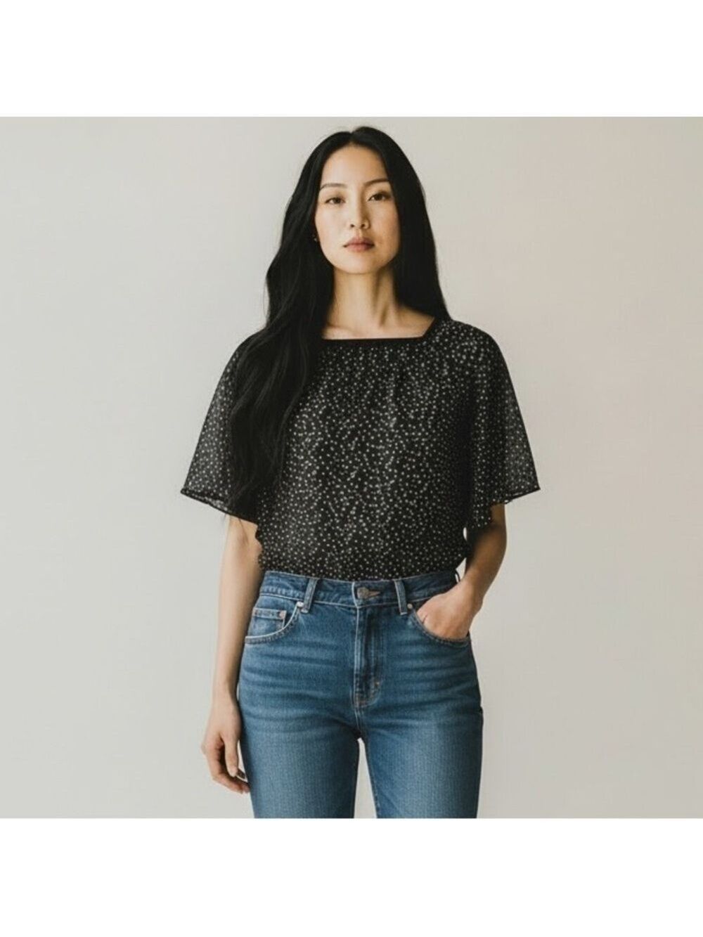 𝅺newberry sheer top butterfly circular sleeves black white polka dots size 12